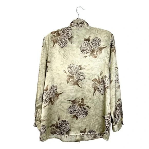 Vintage tan brown floral satin long sleeve top blouse - Picture 4 of 12